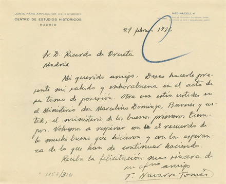 Felicitación de Tomás Navarro Tomás a Ricardo Orueta (27-2-1936). (ACCHS-CSIC)