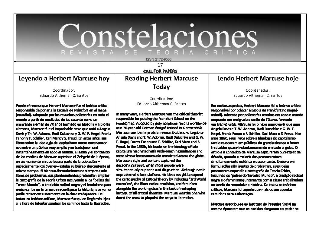 "Constelaciones. Revista de Teoría Crítica" acepta el envío de originales para su próximo número "Constelaciones. Revista de Teoría Crítica" acepta el envío de originales para su próximo número