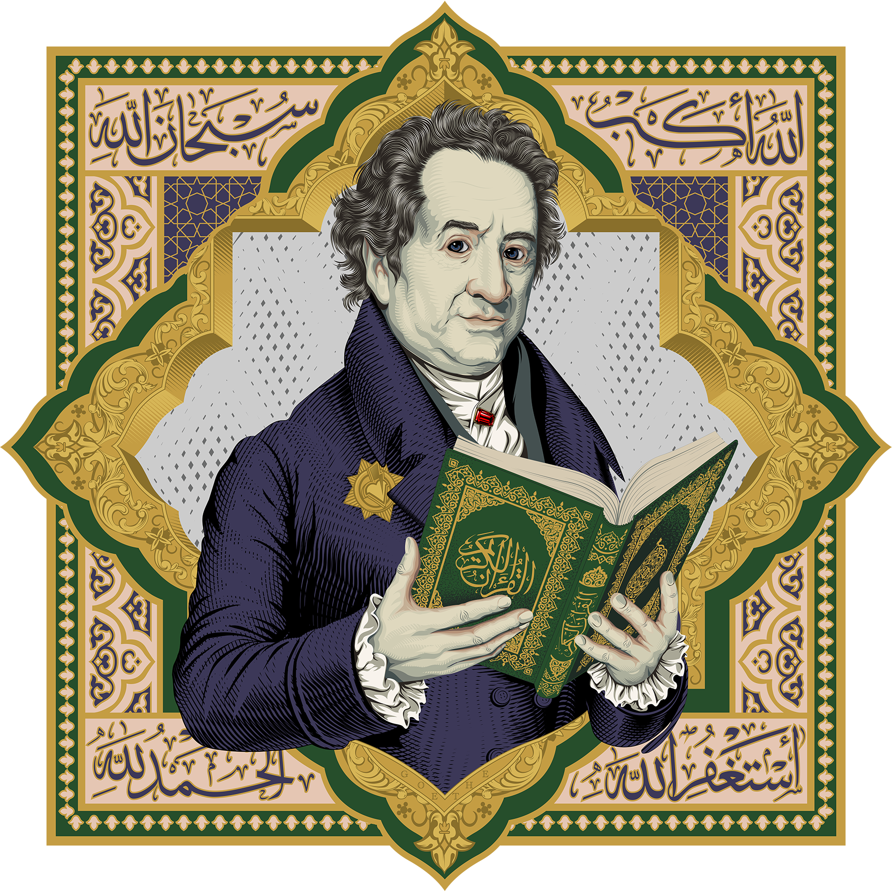 Marwan Shahin, God is Perfect (Portrait of Johann Wolfgang von Goethe) (png, 3 MB) 2024, draft for 3D Printed UV Inks on aluminum with gold chrome finish mounted on PVC Sintra © Marwan Shahin Marwan Shahin, God is Perfect (Portrait of Johann Wolfgang von Goethe) (png, 3 MB) 2024, draft for 3D Printed UV Inks on aluminum with gold chrome finish mounted on PVC Sintra © Marwan Shahin