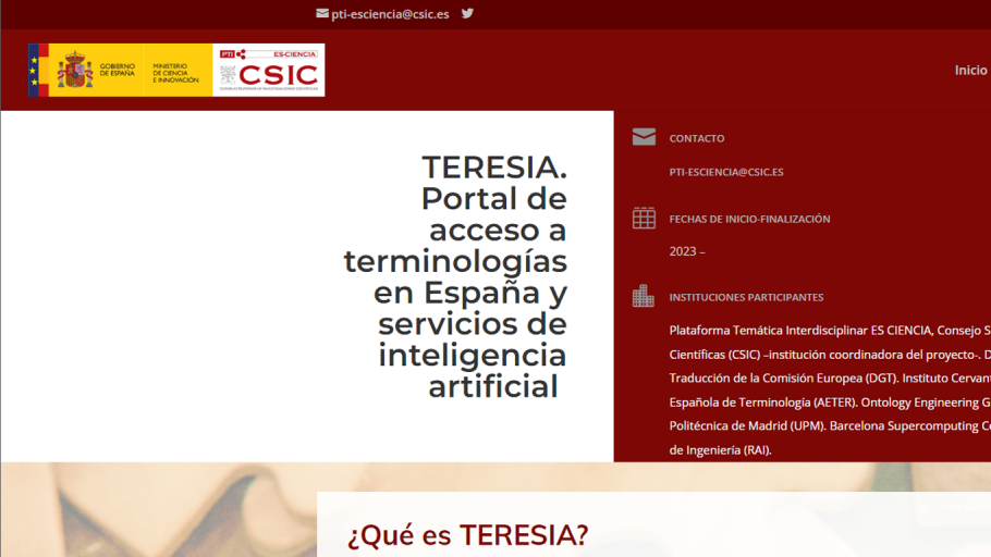 TeresIA, el proyecto de terminología en español de la PTI ES CIENCIA, es finalista de los Premios de Internet en la categoría "Emprendimiento e investigación" TeresIA, el proyecto de terminología en español de la PTI ES CIENCIA, es finalista de los Premios de Internet en la categoría "Emprendimiento e investigación"