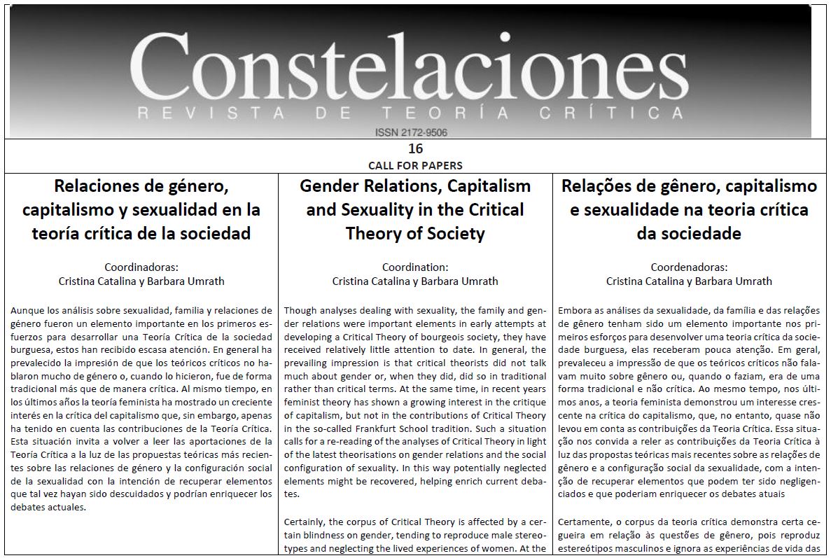 "Constelaciones. Revista de Teoría Crítica" acepta el envío de originales para su próximo número