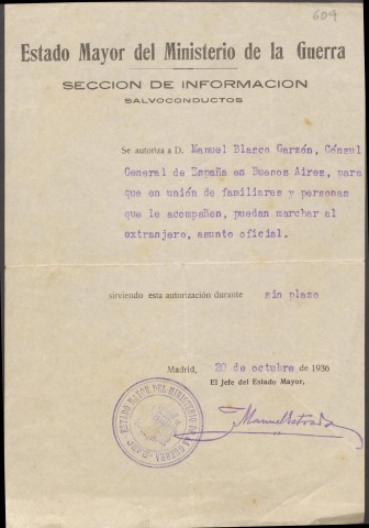 Salvoconducto otorgado a Manuel Blasco para abandonar España