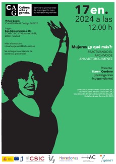 Seminario permanente «Cultura, Arte y Género»: "Mujeres ¿y qué más?: Reactivando el archivo de Ana Victoria Jiménez" Seminario permanente «Cultura, Arte y Género»: "Mujeres ¿y qué más?: Reactivando el archivo de Ana Victoria Jiménez"