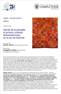 Cartel de la conferencia Conferencia "Detrás de la pantalla: el archivo colonial latinoamericano en la era de Internet"