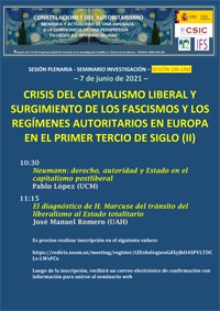 Cartel del seminario Seminario de investigación "Crisis del capitalismo liberal y surgimiento de los fascismos y los regímenes autoritarios en Europa en el primer tercio de siglo (II)"