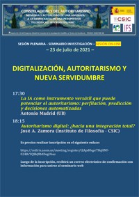Cartel del seminario Seminario de investigación "Digitalización, autoritarismo y nueva servidumbre"
