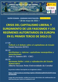 Cartel del seminario Seminario de investigación "Crisis del capitalismo liberal y surgimiento de los fascismos y los regímenes autoritarios en Europa en el primer tercio de siglo"