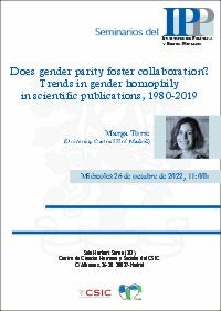 Cartel Seminarios del IPP: "Does gender parity foster collaboration? Trends in gender homophily in scientific publications, 1980-2019"