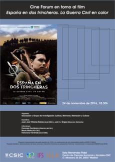 Cartel de las jornadas Jornadas de Cine Forum en torno al film. "España en dos trincheras. La Guerra Civil en color"