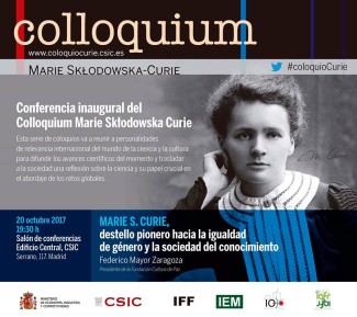 Cartel del coloquio Colloquium Marie Sklodowska-Curie: "Marie S. Curie, destello pionero hacia la igualdad de género y la sociedad del conocimiento"