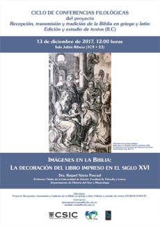 Cartel del ciclo conferencias Ciclo de Conferencias Filológicas "Imágenes en la Biblia: La Decoración del Libro Impreso en el Siglo XVI"