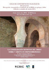 Cartel del ciclo de conferencias Ciclo de Conferencias Filológicas: "La consolidación definitiva del orden verbo + objeto en hispanorromance"