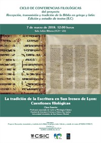 Cartel del ciclo de conferencias Ciclo de Conferencias Filológicas: "La tradición de la Escritura en San Ireneo de Lyon: Cuestiones filológicas"