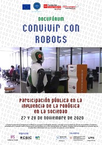 Cartel del evento XI Noche Europea de los Investigadores de Madrid: "Convivir con robots. Participación pública en la influencia de la robótica en la sociedad"