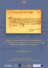 Cartel del seminario Seminario CORPI: "Origen y transmision de la correspondencia entre los judíos de España y los de Constantinopla. Silencios, problemas y conjeturas"