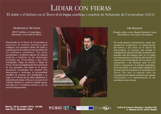 Cartel del seminario Seminario CORPI: "Lidiar con fieras. El árabe y el hebreo en el 'Tesoro de la lengua castellana o española' de Sebastián de Covarrubias (1611)"