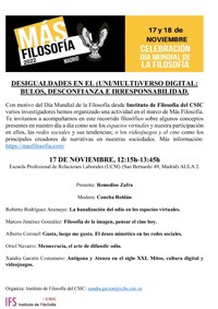 Cartel del evento Día Mundial de la Filosofía: "Desigualdades en el (uni/multi)verso digital: Bulos, desconfianza e irresponsabilidad"