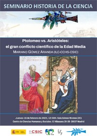 Cartel del seminario Seminario del Departamento de Historia de la Ciencia: "Ptolomeo vs. Aristóteles: el gran conflicto científico de la Edad Media"