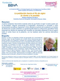 Cartel de la conferencia Ciclo de conferencias de la FBBVA «Demography Today»: "La población hacia el fin del siglo: lo cierto y lo posible"