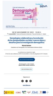 Cartel de la conferencia Ciclo de conferencias de la FBBVA «Demography Today»: "Genealogías colaborativas y la evolución de las desigualdades sociales: nuevos datos y desafíos para la investigación demográfica"