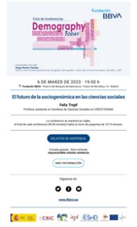 Ciclo de conferencias de la FBBVA «Demography Today»: "The Promises of Social Science Genetics" Cartel de la conferencia