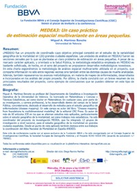 Cartel de la conferencia Ciclo de conferencias de la FBBVA «Demography Today»: "MEDEA3: Un caso práctico de estimación espacial multivariante en áreas pequeñas"