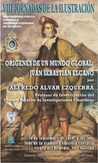 Cartel de la conferencia VIII Jornadas de la Ilustración: "Orígenes de un mundo global: Juan Sebastián Elcano"