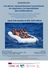 Cartel del seminario Seminario GEA (Grupo de Ética Aplicada): "A la deriva: representaciones humanitarias de migrantes y la imposibilidad del neoliberalismo"