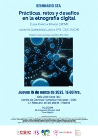 Seminario GEA (Grupo de Ética Aplicada): "Prácticas, retos y desafíos en la etnografía digital" Cartel del seminario