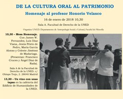Cartel del evento De la cultura oral al patrimonio. Homenaje al profesor Honorio Velasco