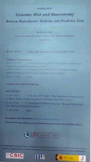 Cartel del workshop Workshop "Genomic Risk and Bioeconomy. Between Reproductive Medicine and Predictive Tests"