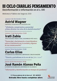 Cartel del ciclo de conferencias Conferencia: "Infodemia, conspiranoia y posverdad. ¿Cómo afrontar los retos de la desinformación?”