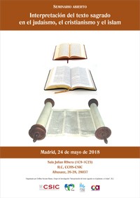 Cartel del seminario Seminario abierto "Interpretación del texto sagrado en el judaísmo, cristianismo e islam"