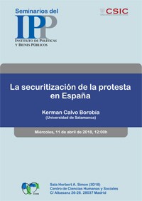 Cartel del seminario Seminario IPP: "La securitización de la protesta en España"