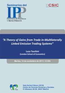 Cartel del seminario Seminario de Economía Ambiental de Madrid (MEES): "A Theory of Gains from Trade in-Multilaterally / Linked Emission Trading Systems”