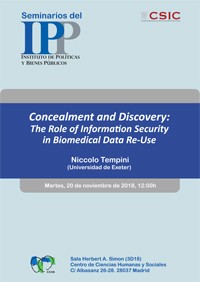 Cartel del seminario Seminario IPP "Concealment and Discovery: The Role of Information Security in Biomedical Data Re-Use"