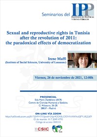 Cartel del seminario Seminarios del IPP: "Sexual and reproductive rights in Tunisia after the revolution of 2011: the paradoxical effects of democratization"