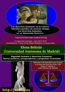 Cartel del seminario Seminario «Los derechos humanos en su dimensión histórica. Los derechos humanos en la cultura filosófico-jurídica de nuestro tiempo»: "Dignidad humana y derechos humanos: Textos jurídicos, jurisprudencia y preguntas incómodas"