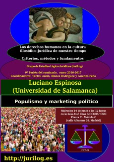 cartel del seminario Seminario "Conceptos, métodos y fundamentos: Los derechos humanos en la cultura filosófico-jurídica de nuestro tiempo": "Populismo y marketing político"