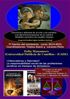 Cartel del seminario Seminario 'Derechos y deberes de acción y de omisión. Los derechos humanos en la cultura filosófico-jurídica de nuestro tiempo': "¿Vencedores o Vencidos? La responsabilidad social de las profesiones jurídicas en tiempos de dictadura"