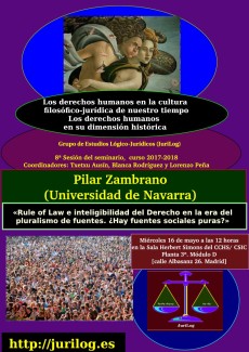 Cartel del seminario Seminario «Los derechos humanos en su dimensión histórica. Los derechos humanos en la cultura filosófico-jurídica de nuestro tiempo»: "Rule of Law e inteligibilidad del Derecho en la era del pluralismo del fuentes. ¿Hay fuentes sociales puras?"