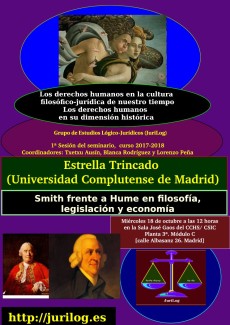 Cartel del seminario Seminario «Los derechos humanos en la cultura filosófico-jurídica de nuestro tiempo»: "Smith frente a Hume en filosofía, legislación y economía"