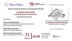 Tarjetón de invitación Presentación del libro "La máquina reaccionaria. La lucha declarada a los feminismos", de María Ávila Bravo-Villasante