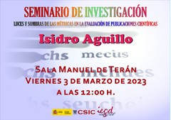 Cartel del seminario Seminario de investigación "Luces y sombras de las métricas en la evaluación de publicaciones científicas"