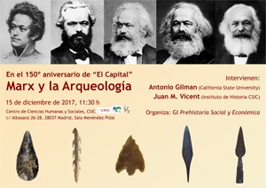 Cartel de la Conferencia y de la Mesa Redonda Conferencia y Mesa Redonda: "En el 150º aniversario de "El Capital" Marx y la Arqueología"