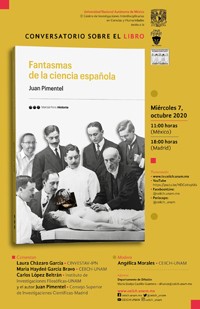 Cartel del evento Conversatorio sobre ell libro "Fantasmas de la ciencia española" de Juan Pimentel (IH)