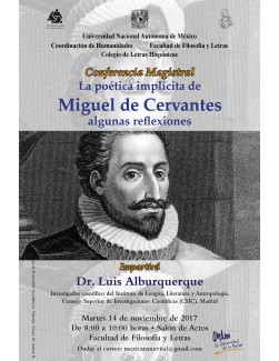 Cartel de la conferencia Conferencia Magistral: "La poética implícita de Miguel de Cervantes algunas reflexiones"