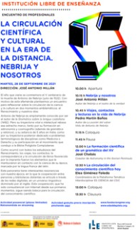 Cartel del evento Encuentro “La circulación científica y cultural en la era de la distancia. Nebrija y nosotros”