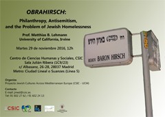 Cartel del seminario Seminario de Estudios Judíos: "Obrahirsch: Philanthropy, Antisemitism, and the Problem of Jewish Homelessness"