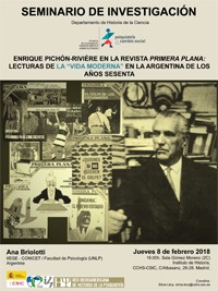 Cartel del seminario Seminario de Investigación 'Psquiatría y Cambio Social': "Enrique Pichon-Rivière en la revista Primera Plana: lecturas de la `vida moderna´ en la Argentina de los años sesenta"